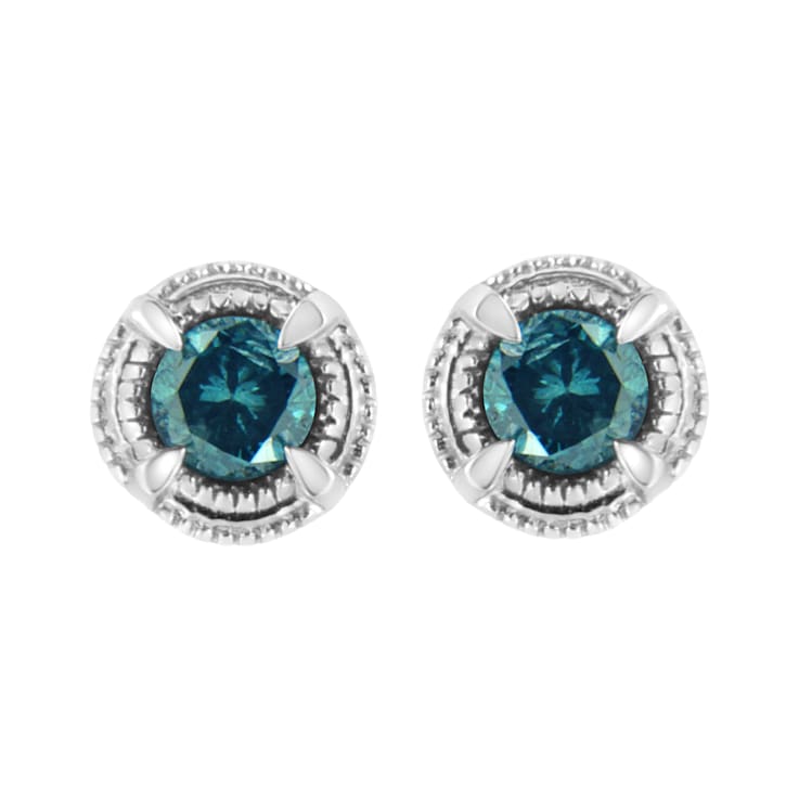 1.50ctw Treated Blue Diamond Solitaire Sterling Silver Stud Earrings