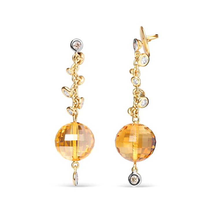 18K Yellow Gold Citrine Ball Gemstone with White and Brown Diamond
Accent Dangle Earrings