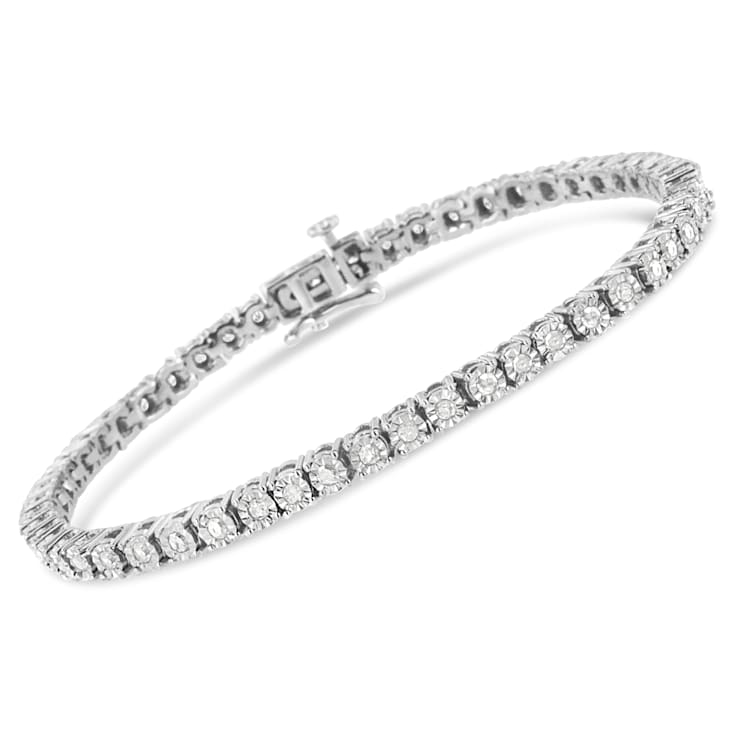 Rhodium Over Sterling Silver 1.0 Ctw Round-Cut Diamond Tennis Bracelet