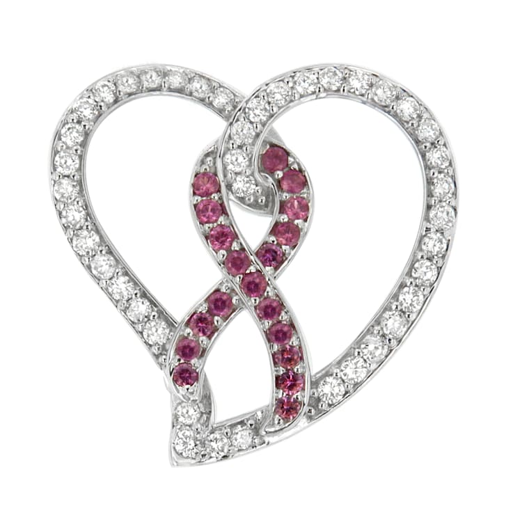 14K White Gold Diamond and Lab Created Pink Sapphire Awareness Ribbon
& Open Heart Pendant w\chain