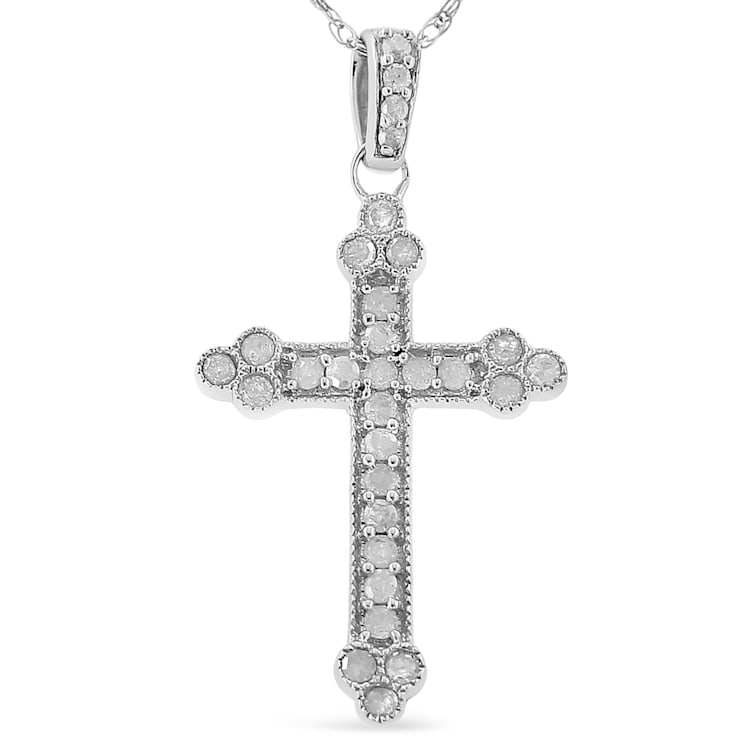 Sterling Silver 1/4ctw Round-Cut Diamond Cross 18" Pendant
w\chain(I-J Color, I3-Promo Quality)