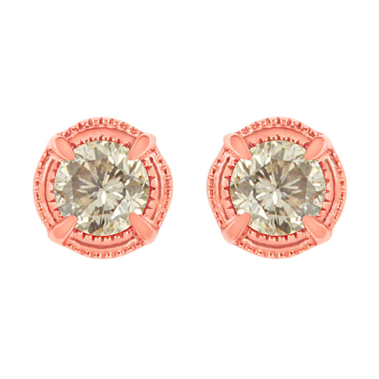 14K Rose Gold Over Sterling Silver 1.0ctw Round Diamond Solitaire
Milgrain Stud Earrings