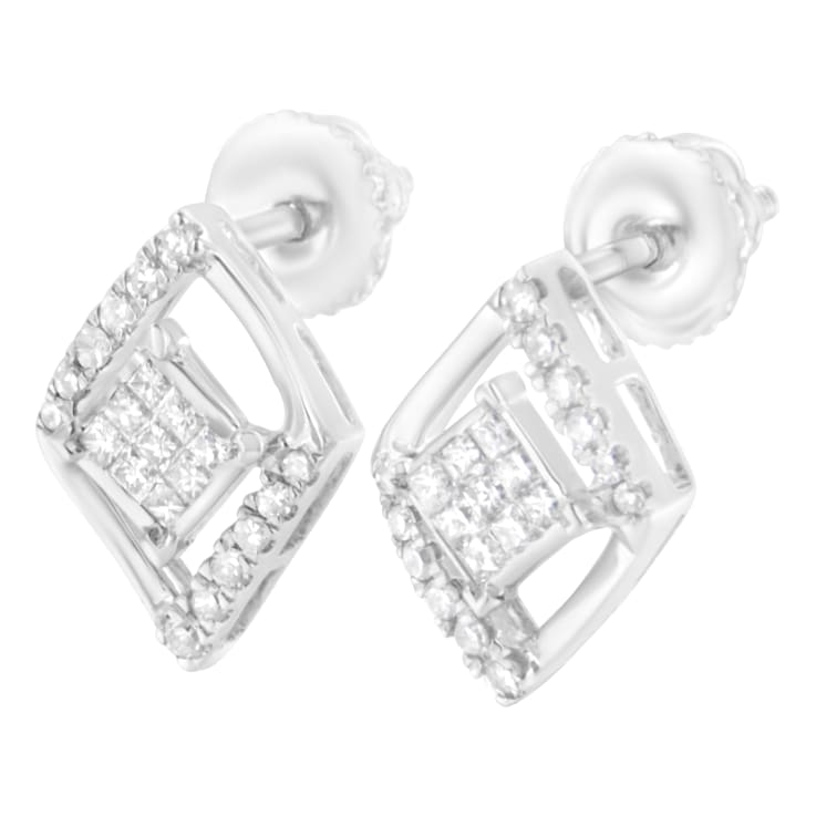 10K White Gold 1/3ctw Princess-cut Diamond Double Triangle Stud Earrings
