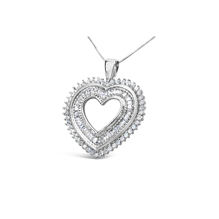 Sterling Silver 1.0ctw Baguette and Round Diamond  Heart Pendant w\chain 18"