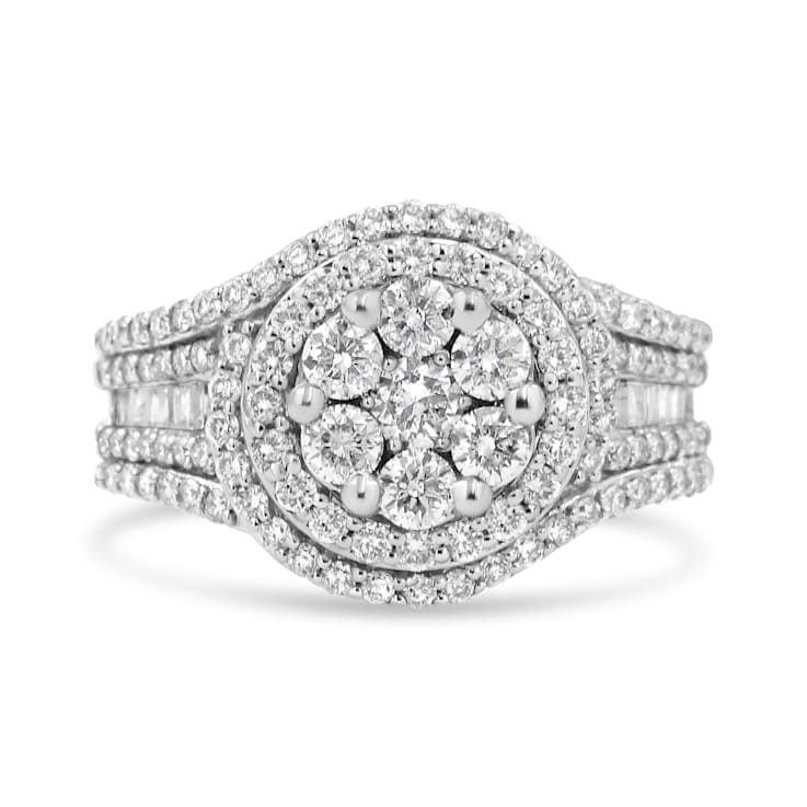14K White Gold 1 1/2ctw Diamond Floral Cluster and Studded Shank Ring
(H-I Color, SI2-I1 Clarity)