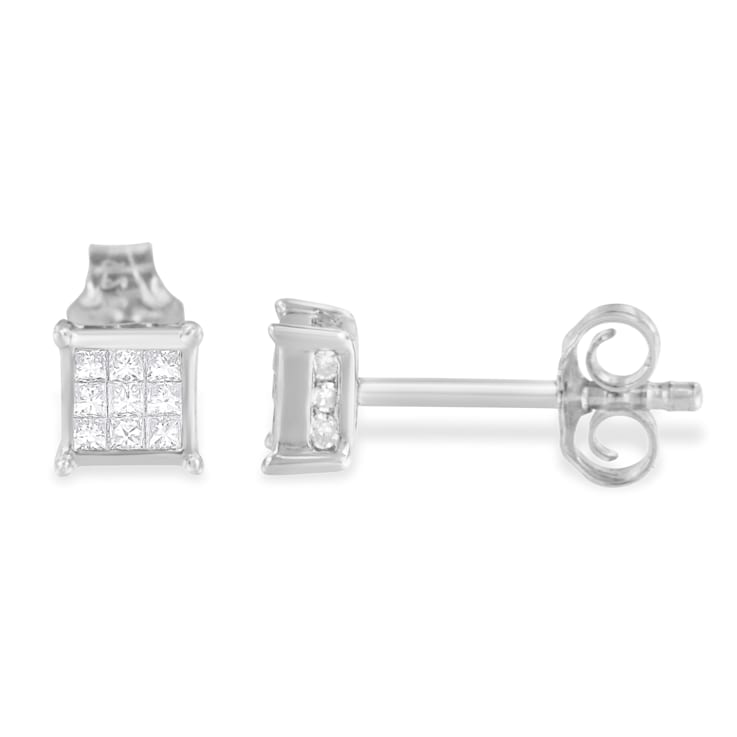 Sterling Silver Princess Cut Diamond Square Stud Earrings .30ctw