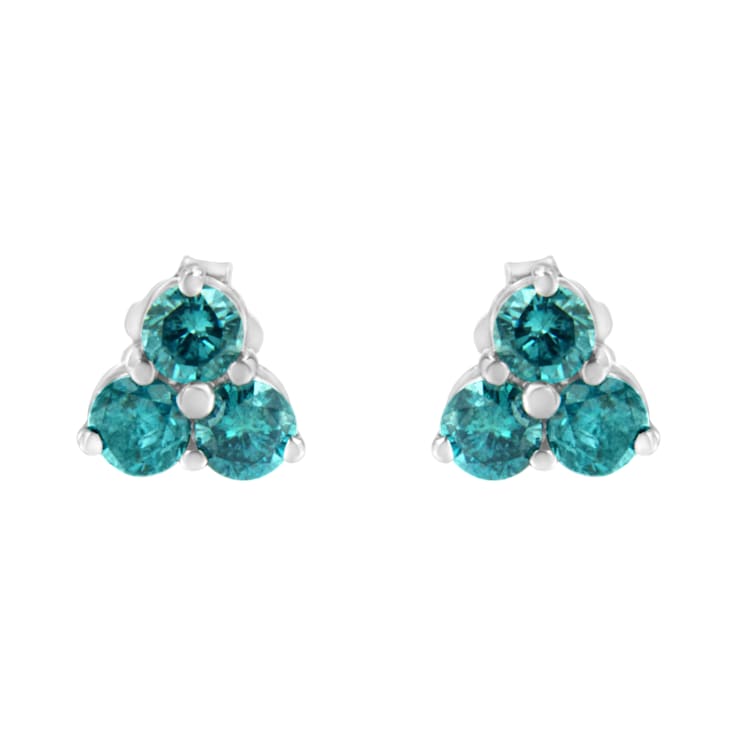 14K White Gold Treated Blue Diamond Trio Stud Earrings 1 1/3ctw