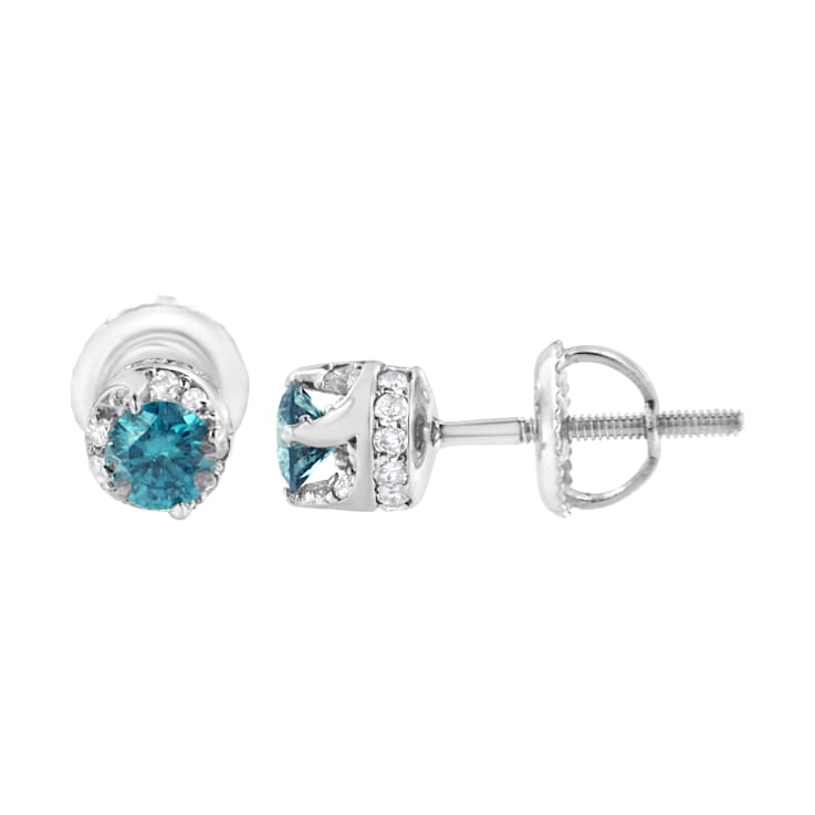 14K White Gold 1/2ctw White and Treated Blue Round Diamond Earrings