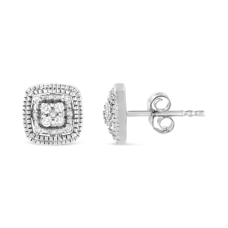 Sterling Silver 1/10ctw Prong-Set Round Cut Diamond Square Shape with
Milgrain Halo Stud Earrings