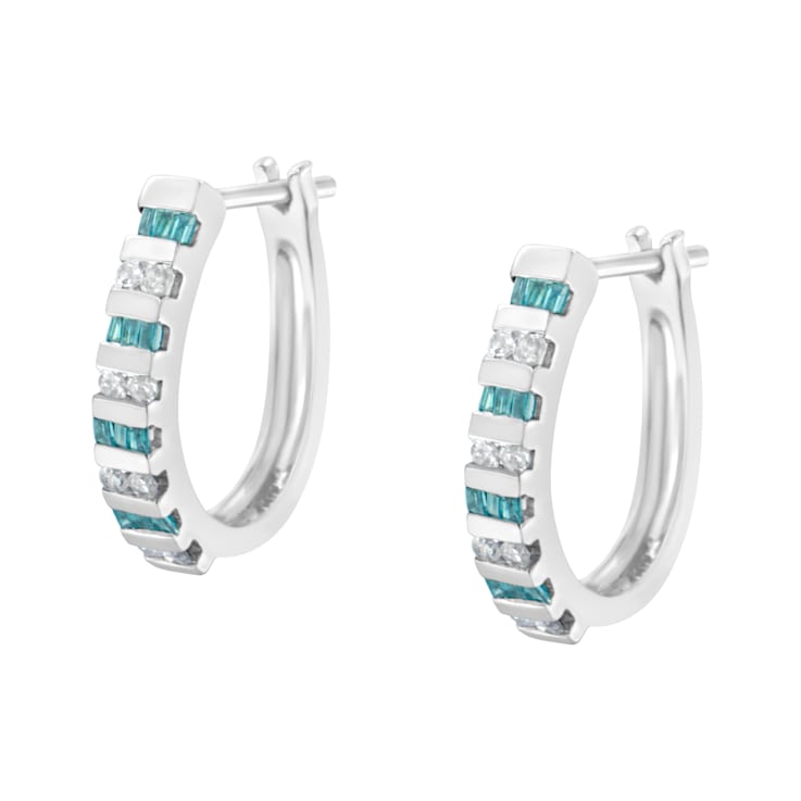 10k White Gold Round and Blue Baguette Diamond Hoop Earrings 0.50ctw