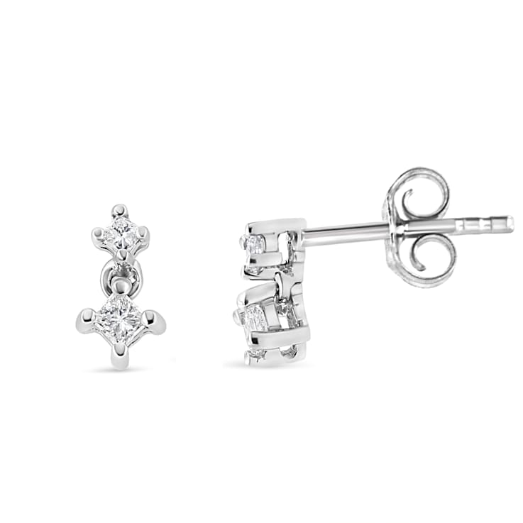 14K White Gold 1/4ctw Princess-Cut Double Diamond Drop and Dangle Stud Earrings