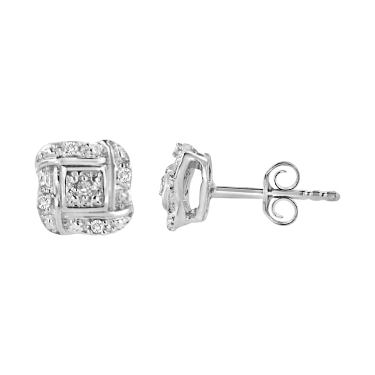Sterling Silver Round Cut Diamond Square Stud Earrings .04ctw