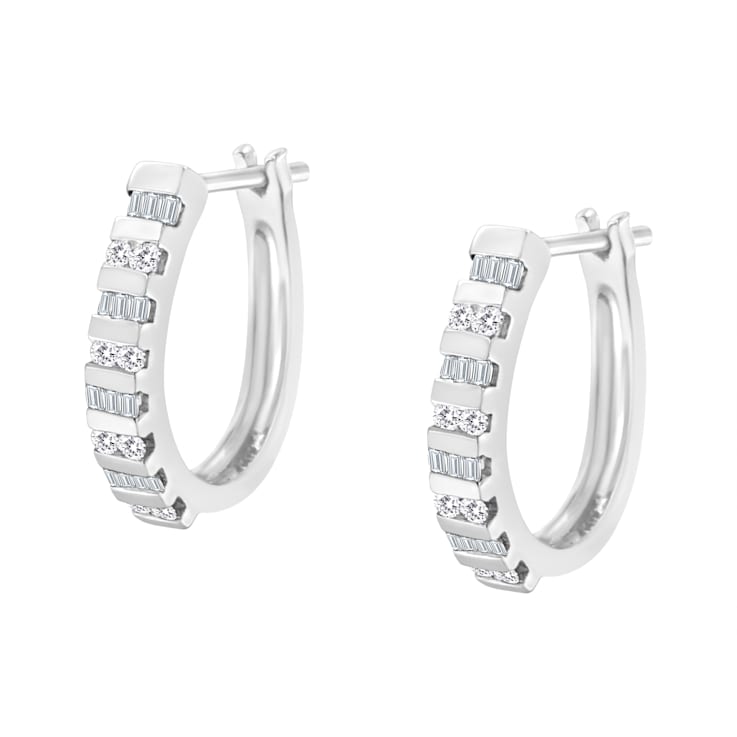 10K White Gold 1.0ctw Round and Baguette-Cut Diamond Hoop Earrings