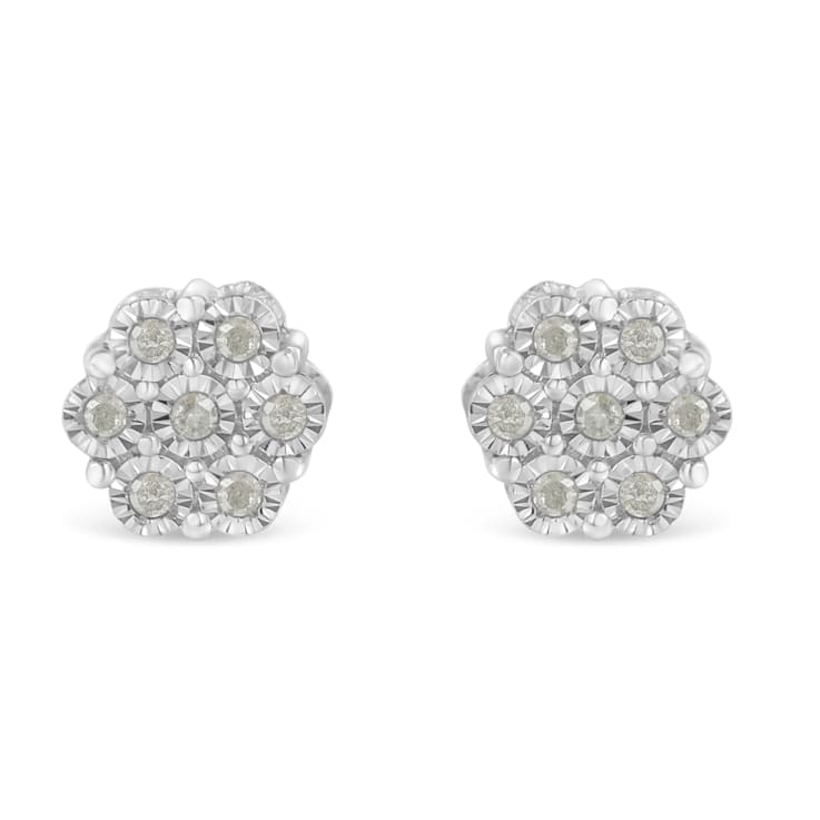 Sterling Silver 1/4ctw Round-Cut Diamond Miracle-Set Floral Cluster
Button Stud Earrings