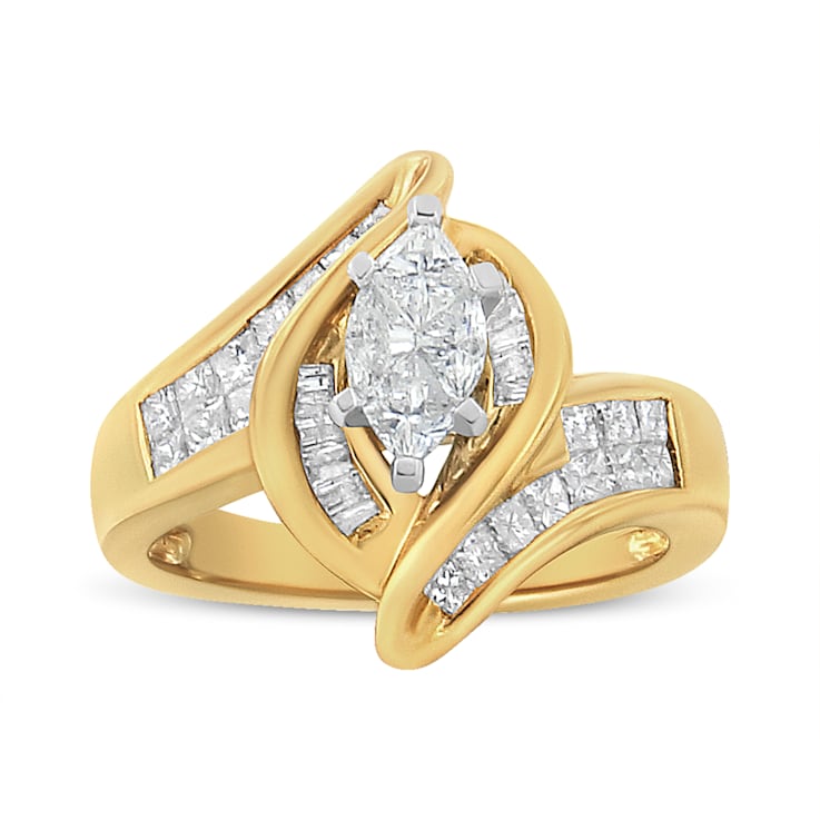14K Yellow Gold Mixed Cut Diamond Marquise Shaped Ring (1 1/4ctw, G-H
Color, SI1-SI2 Clarity)