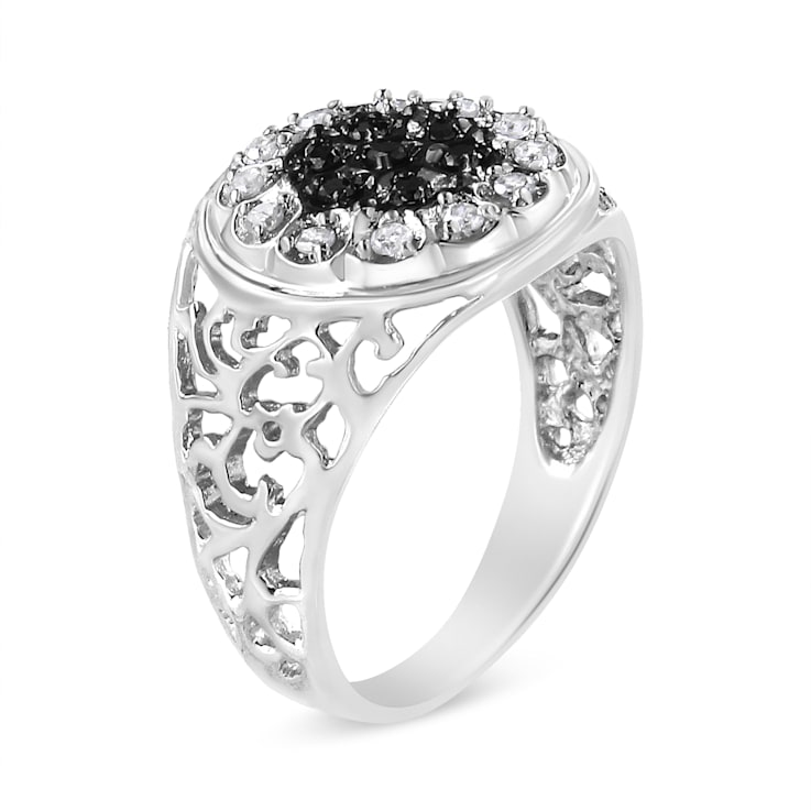 逆輸入 Sterling Silver Cluster Halo Diamond Black and White 1/4ctw 指輪・リング