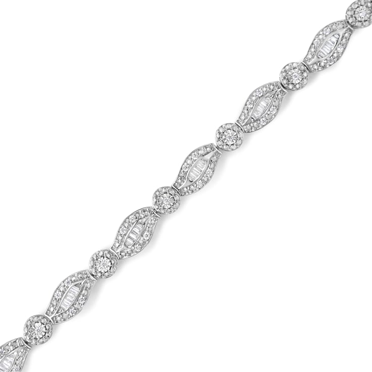 Sterling Silver 1.0ctw Diamond Double Leaf and Bezel Link Bracelet