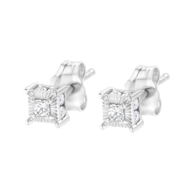 Sterling Silver 1/4ctw Miracle Set Princess-Cut Diamond Solitaire Stud
Earrings with Hidden Halo