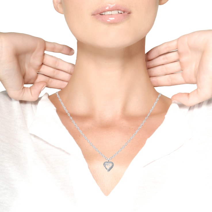 0.50ctw Double-Row Diamond Sterling Silver Heart Pendant with Chain