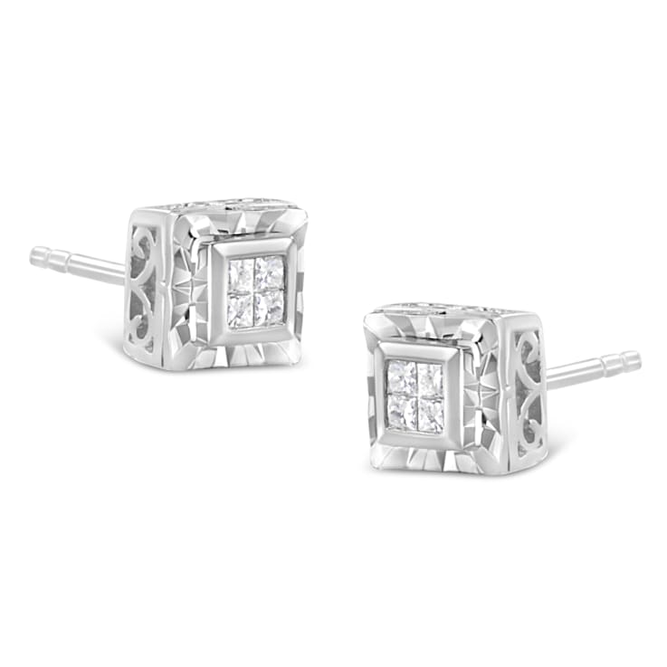 Sterling Silver 1/6ctw Invisible Set Princess-Cut Diamond Quad Stud Earrings