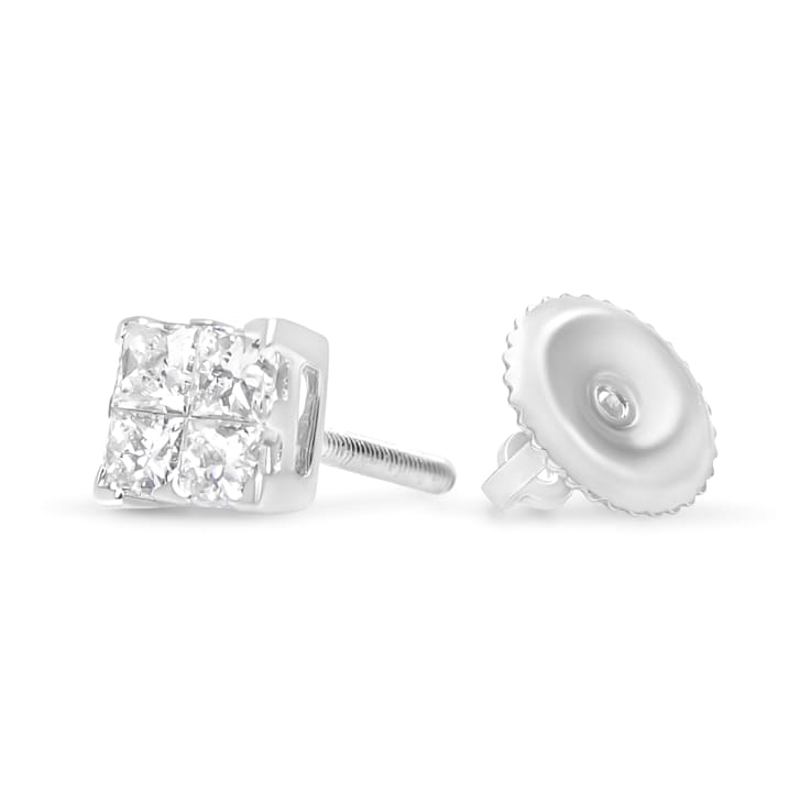 Sterling Silver 5/8ctw Princess Cut Diamond Invisible Set Quad Composite
Stud Earrings