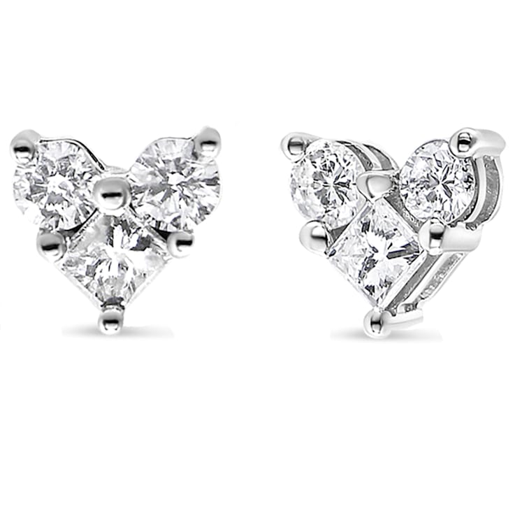 10K White Gold 1/2ctw Diamond 3 Stone Trio Heart Stud Earring