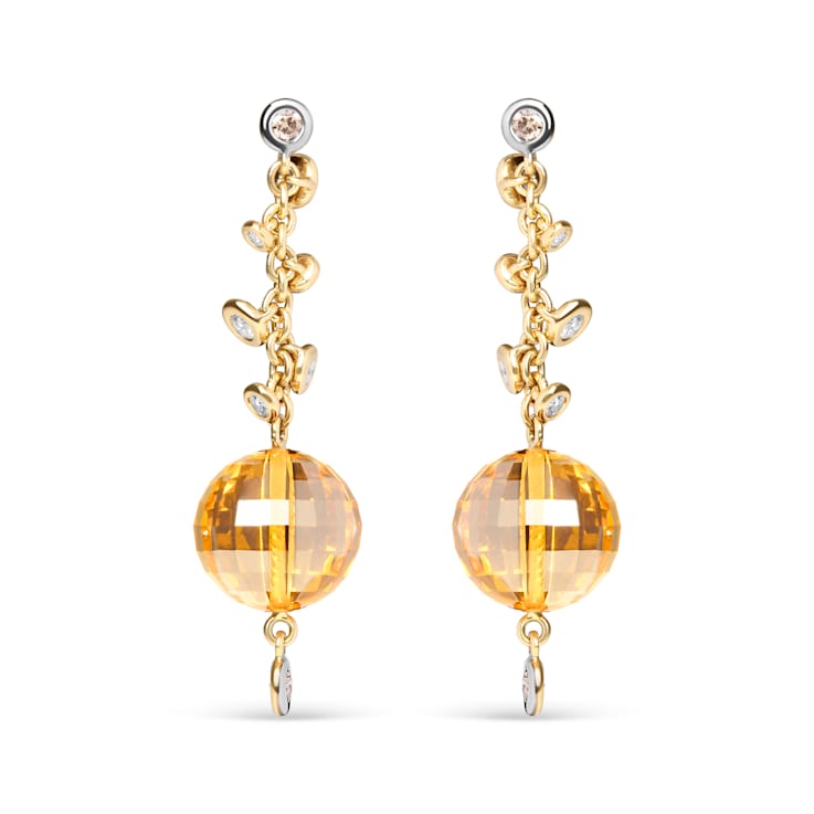 18K Yellow Gold Citrine Ball Gemstone with White and Brown Diamond
Accent Dangle Earrings