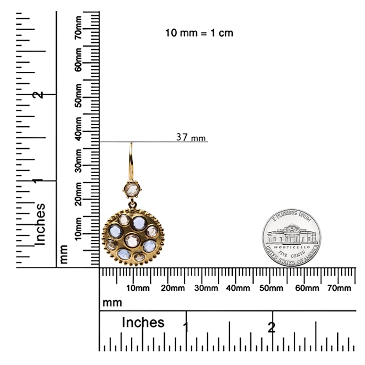 18K Yellow Gold Special Cut Round Blue Sapphire with White and Brown
Diamond Cluster Dangle Earrings