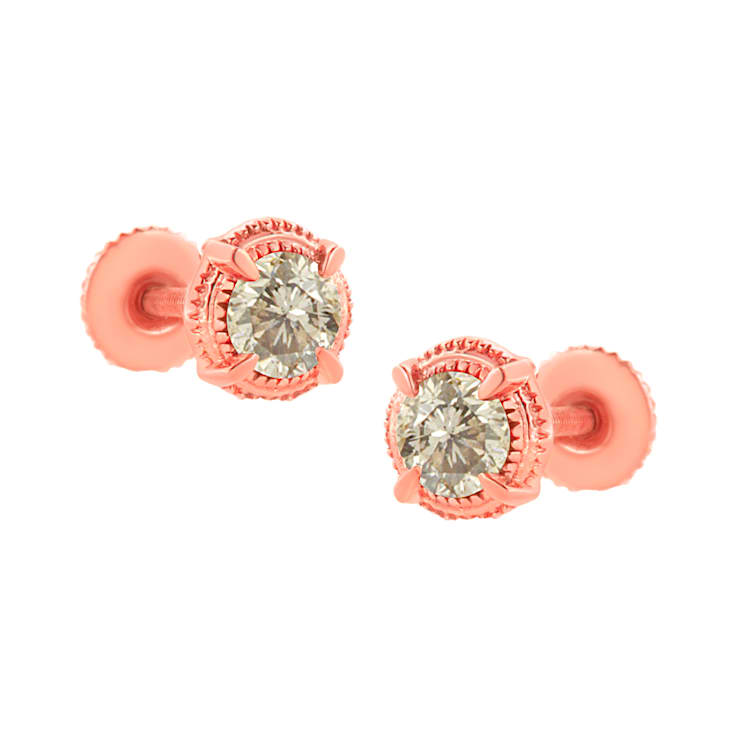 14K Rose Gold Over Sterling Silver 1.0ctw Round Diamond Solitaire
Milgrain Stud Earrings