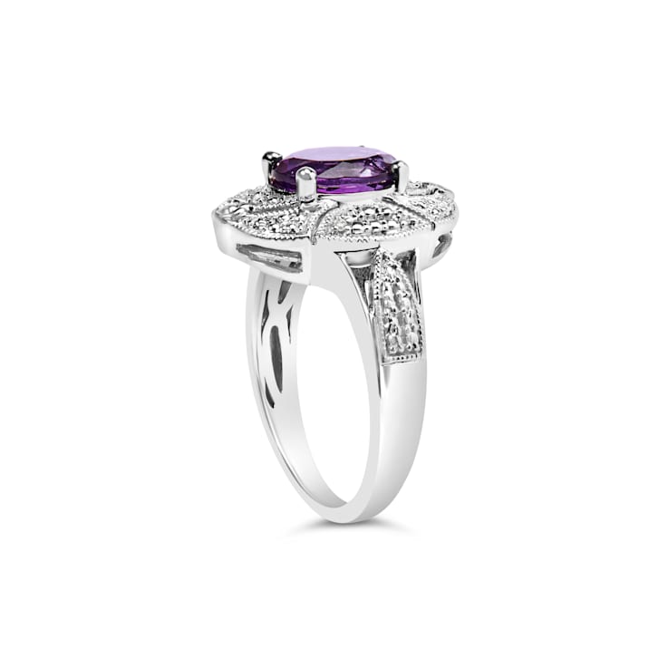 Sterling Silver 9x7mm Oval Purple Amethyst and Diamond Accent Art Deco
Style Cocktail Ring
