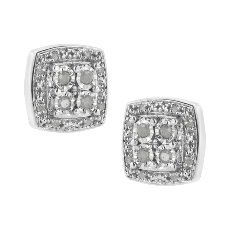0.25ctw Round-Cut Diamond Sterling Silver Square-Shaped Milgrain Stud Earrings
