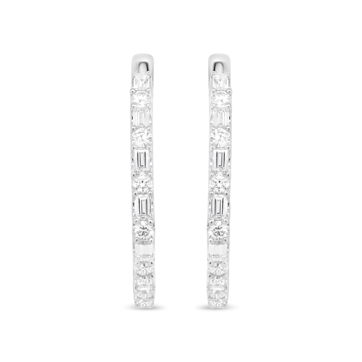 14K White Gold 1 3/4ctw Round and Baguette Diamond Hoop