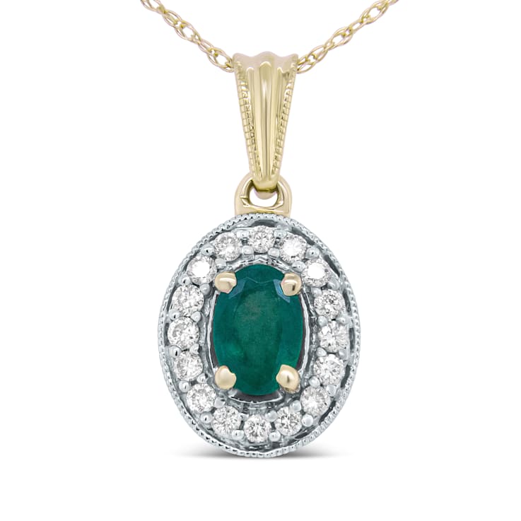 14K Yellow Gold 6x4mm Emerald and 1/5ctw Round Diamond Halo Pendant
w\chain 18"