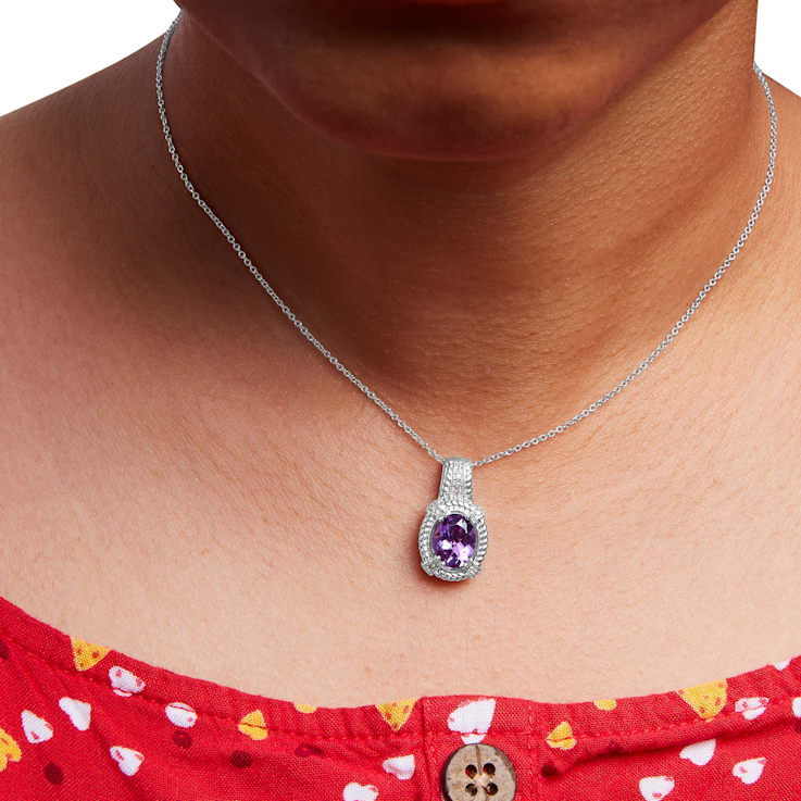 Sterling Silver Oval Amethyst and Round Diamond Accent Fashion Drop
Pendant 18 Inch Chain