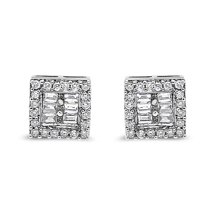 14K White Gold 1.0ctw Round and Baguette Diamond Stud