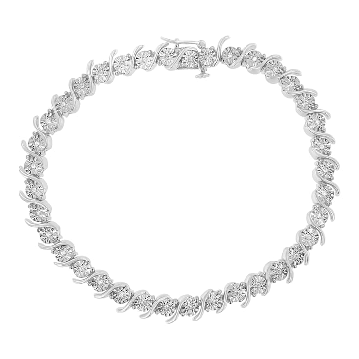 Rhodium Over Sterling Silver 1/10 Cttw Diamond "S" Tennis Bracelet