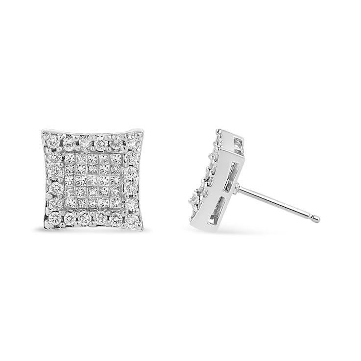 14K White Gold 1.0ctw Princess And Round-Cut Diamond Square Stud Earrings