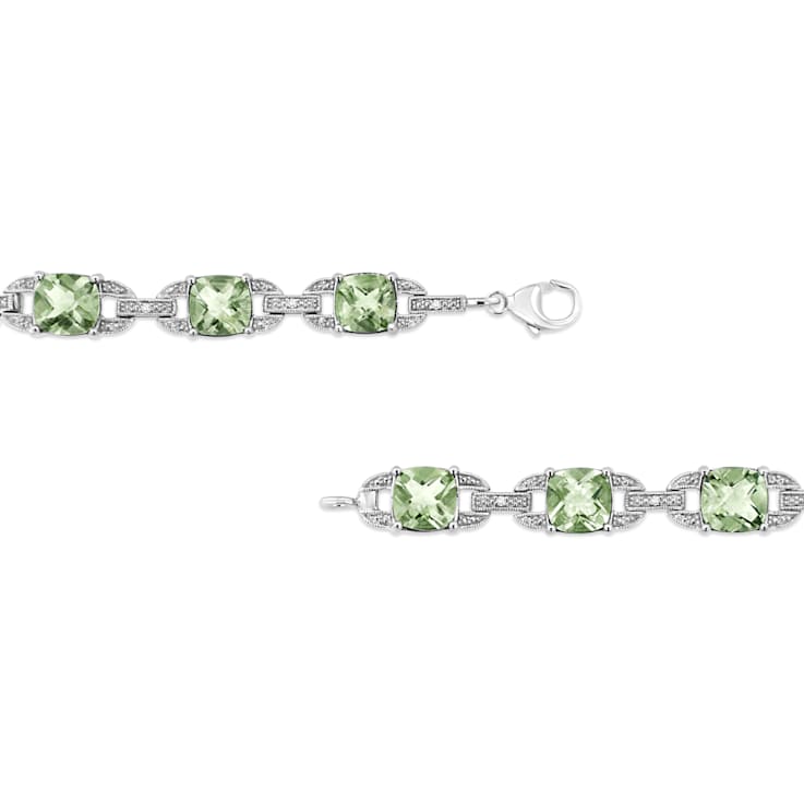 .925 Sterling Silver 7x7 mm Cushion Cut Prasiolite and 1/20ctw Round Cut
Diamond Tennis Bracelet