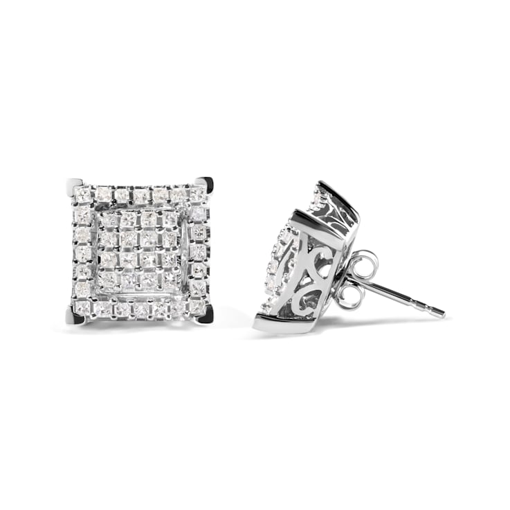 10K White Gold 1 1/4 Cttw Princess Diamond Composite Double Square and
Halo Stud Earrings