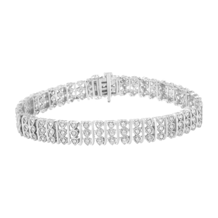 Sterling Silver 1.50ctw Round Diamond 3 Row Heart Link Bracelet