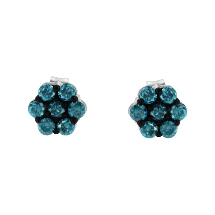 Sterling Silver Treated Blue Diamond Floral Stud Earrings .50ctw