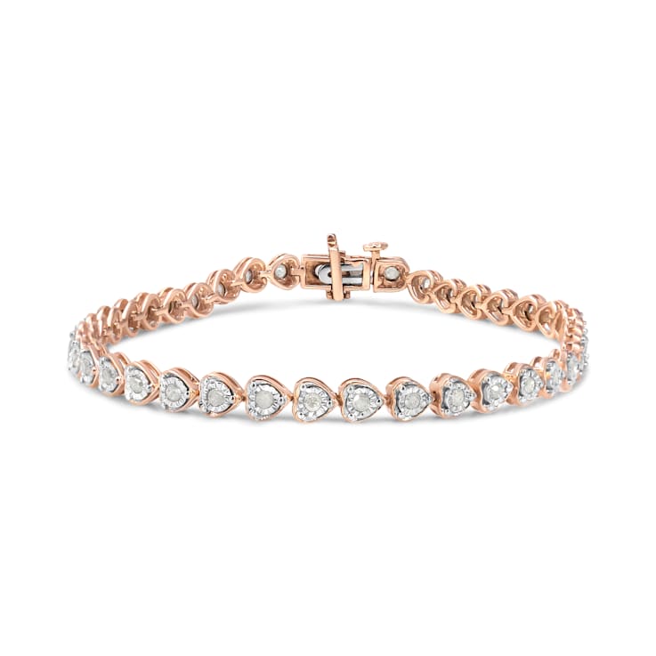 10K Rose Gold Over Sterling Silver 1.0 Ctw Diamond Heart Tennis Bracelet