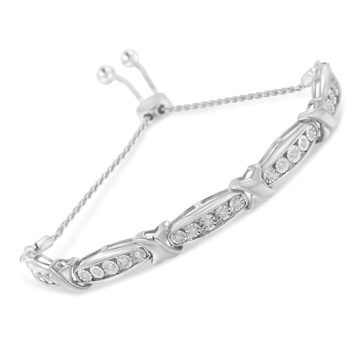 Sterling Silver Round-Cut Diamond X and Tapered Bar Miracle-Set Bolo Bracelet