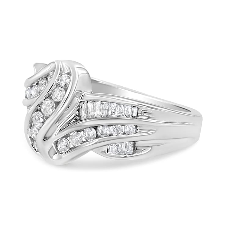 10K White Gold Ring 3/4ctw Round and Baguette-Cut Diamond Bypass Ring
(H-I Color, I2-I3 Clarity)