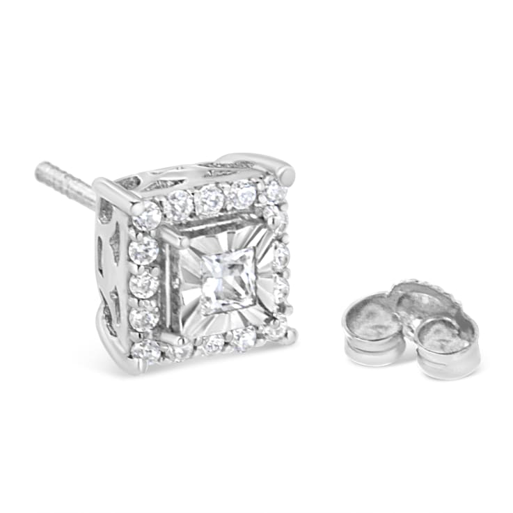 Sterling Silver 1/4ctw Princess and Round Cut Diamond Halo Stud Earrings