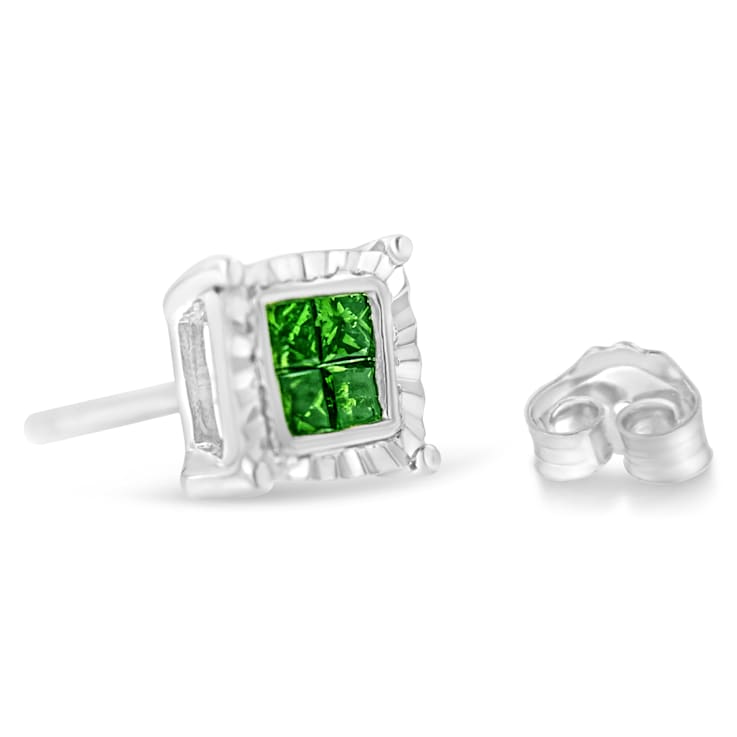Sterling Silver Color Treated Princess Green Diamond Quad Stud Earring 1/2ctw