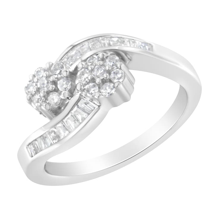 14K White Gold Round and Baguette Diamond Bypass Ring (1/2 cttw, H-I
Color, I1-I2 Clarity)