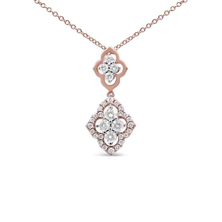 14K Rose Gold 3/4 Cttw Round Diamond Double Quatrefoil Pendant 18" Necklace