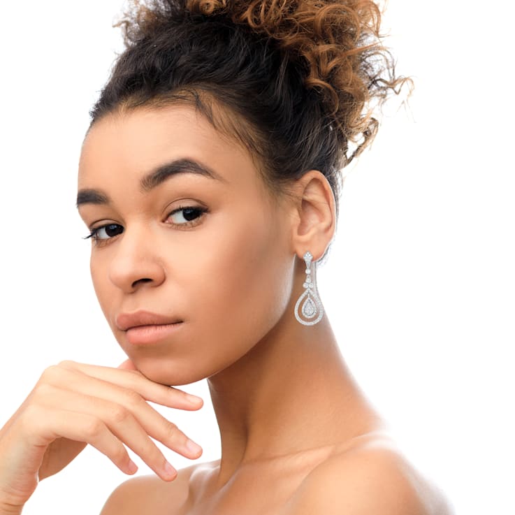 18K White Gold 1 1/4 Cttw Round Diamond Openwork Teardrop-Shaped Dangle Earrings