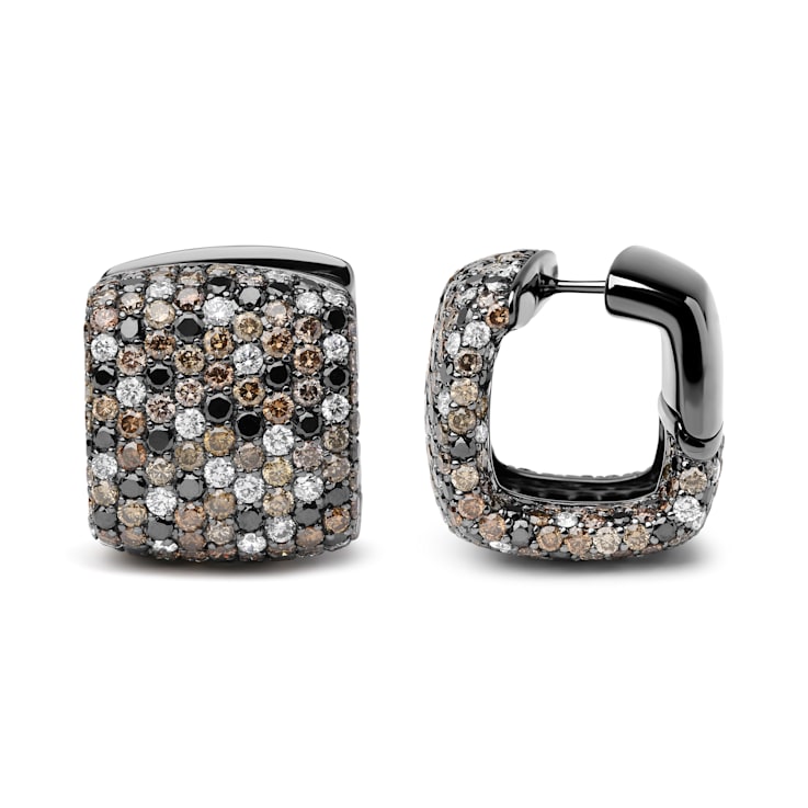 Black Rhodium over 18K White Gold Multi-Color Round Diamond Cluster Square  Huggie Hoop Earrings